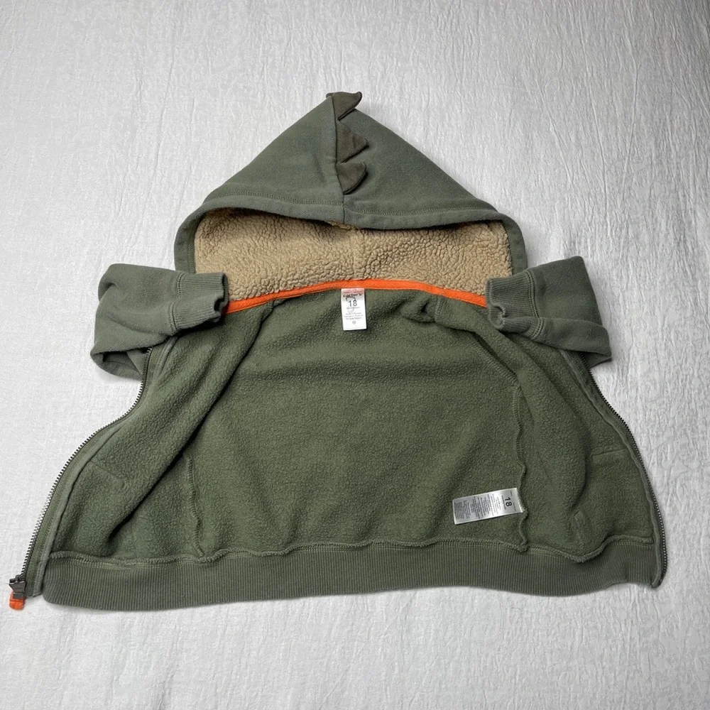 Carter's T-Rex Dino Olive Green Sherpa Lined Full Zip Hoodie 18 Months